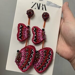 Zara New Vibrant Pink Butterfly Beaded Earrings ref 7243/007